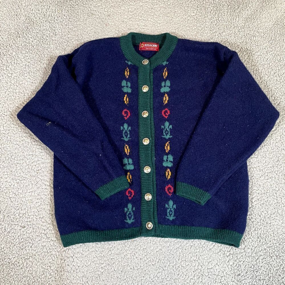 Vintage Shetland Wool Cardigan Sweater Women's Pitlochry Blue Button Medium